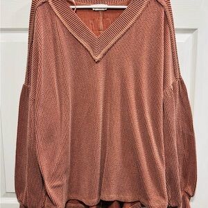 New In Rust V-Neck Textured Sweater with Flared Sleeves